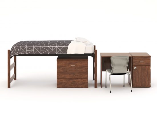 a photo of a twin size bed, three drawer dresser, desk, chair, and desk pedestal table